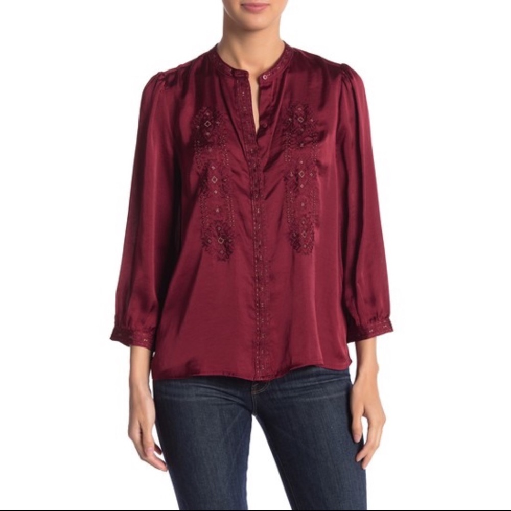 Lucky Brand Hammered Satin Blouse Top Cabernet M